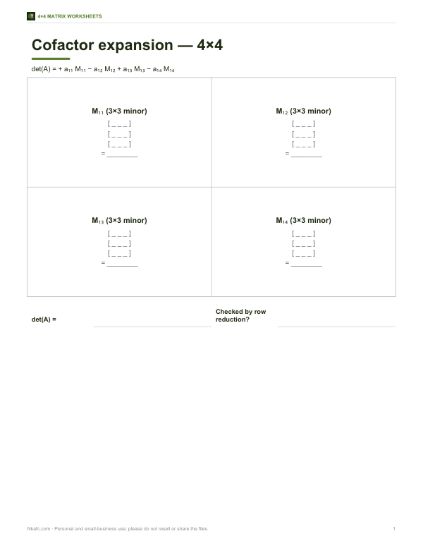 Preview of Printable 4x4 Cofactor Template